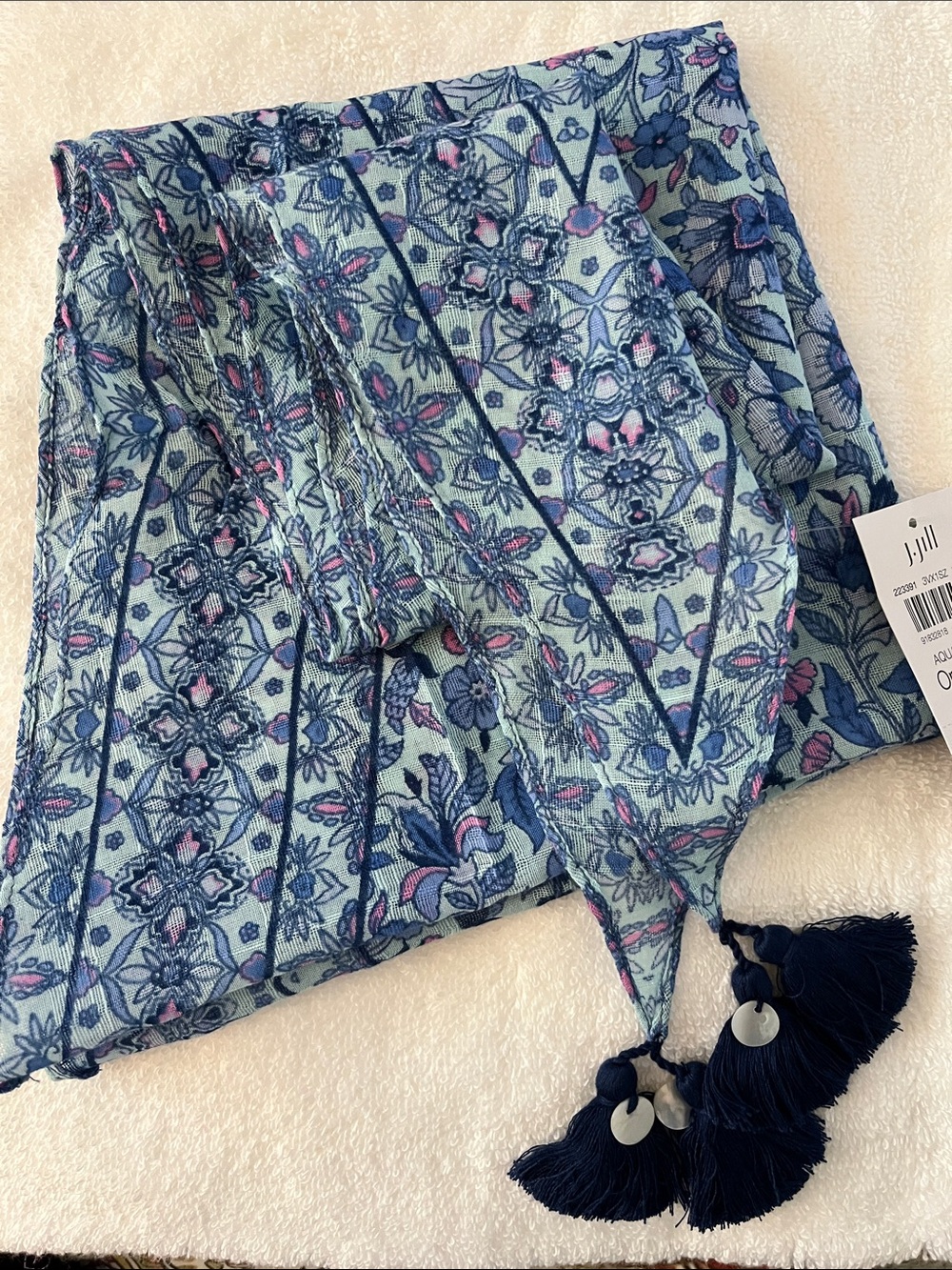 J. Jill triangular Blue Floral Scarf with Navy Tassels
